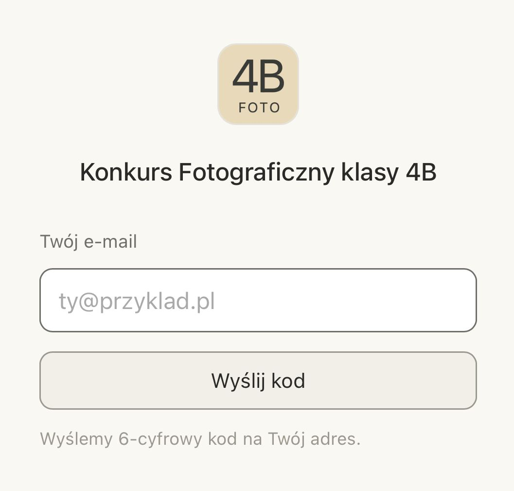 Ekran logowania: pole „Twój e-mail” i przycisk „Wyślij kod”