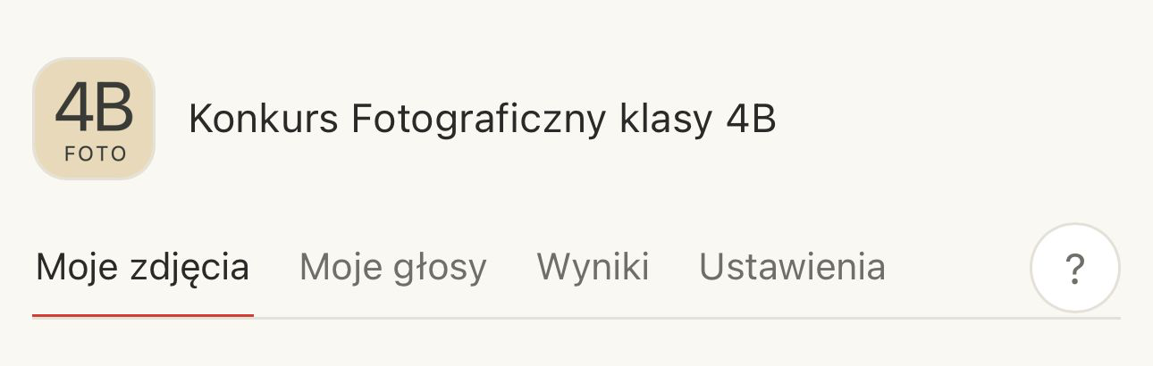 Nagłówek aplikacji z zakładkami: Moje zdjęcia, Moje głosy, Wyniki, Ustawienia oraz przyciskiem pomocy