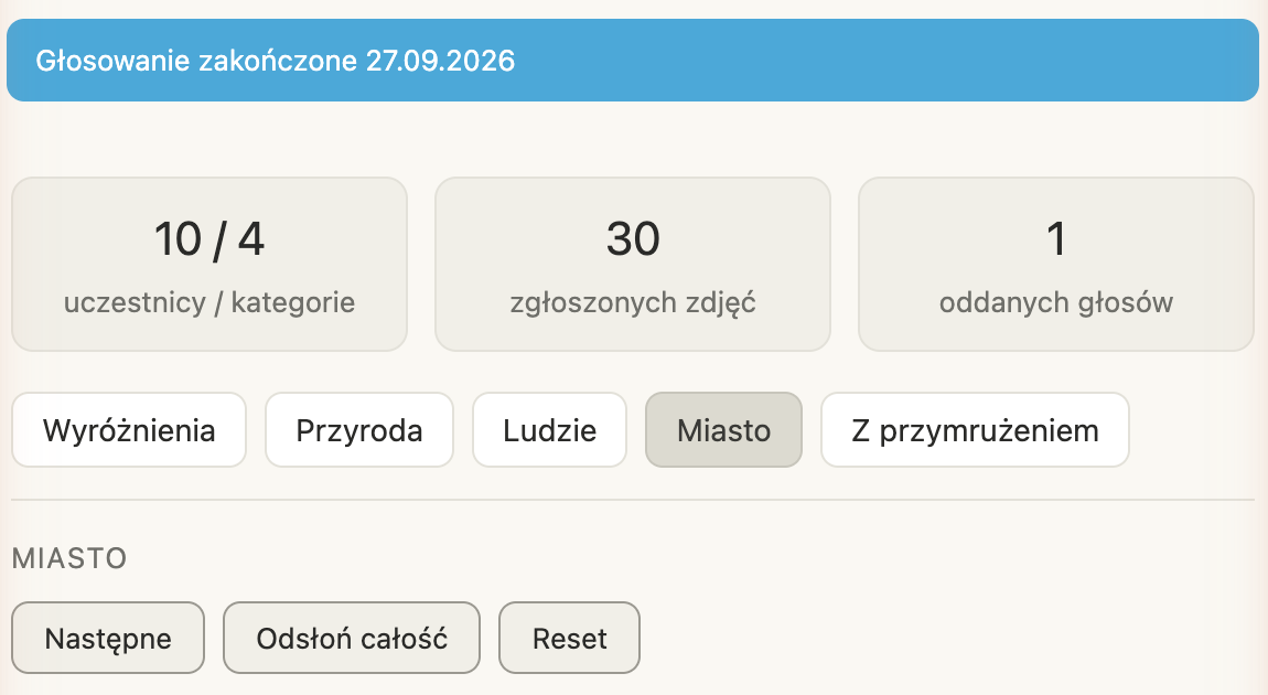 Widok Wyniki: niebieski pasek „Głosowanie zakończone…”, statystyki konkursu, przyciski kategorii i nagród oraz Następne, Odsłoń całość i Reset